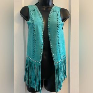 Crazy Train Turquoise faux suede fringe vest medium